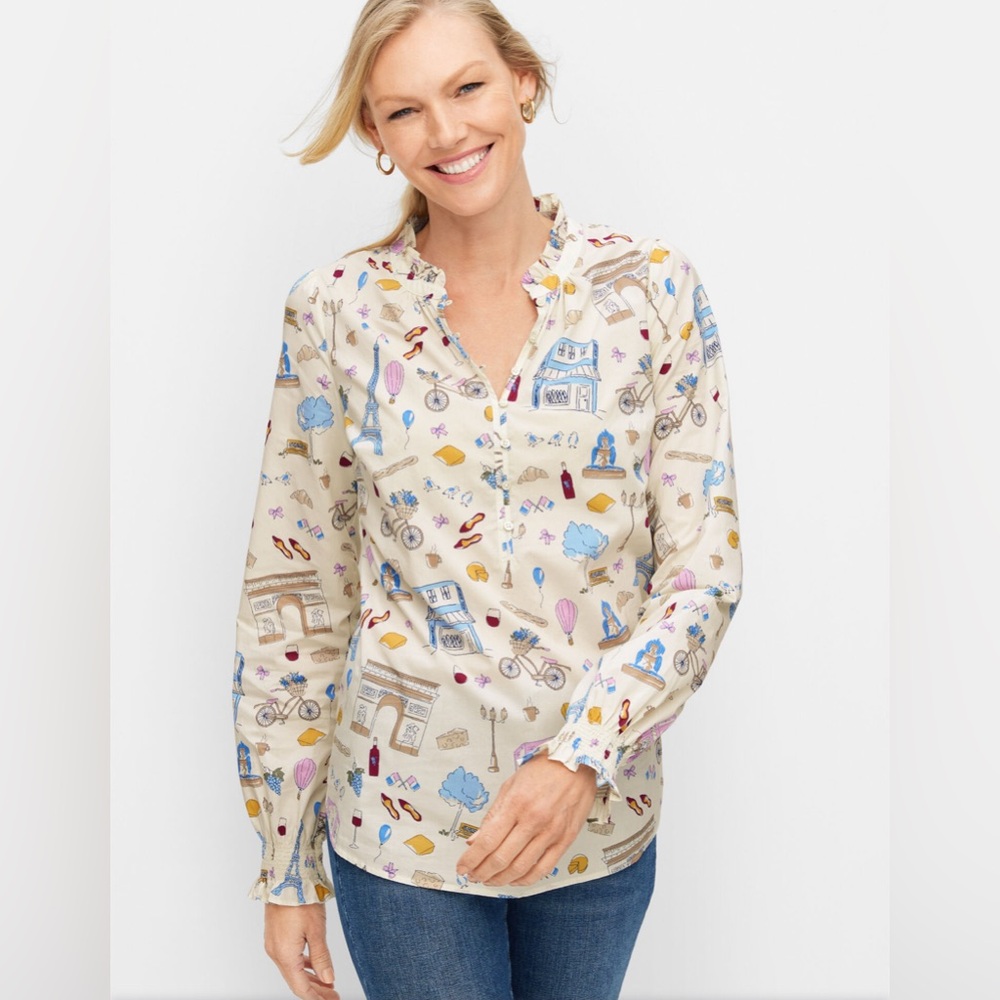Talbots Paris Icon Ruffle Trim Popover Blouse Fun Flirty Size S Petite